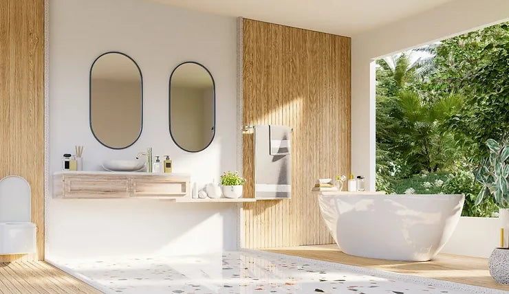 Installation de douche extérieure avec pommeau effet pluie dans un environnement naturel