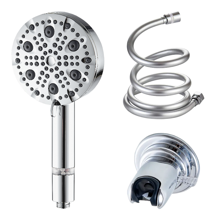 Black showerhead with chrome hose and holder